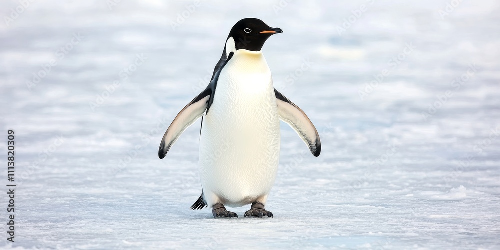 Fototapeta premium A solitary penguin stands on icy terrain, showcasing its distinctive black and white plumage against a frozen backdrop.