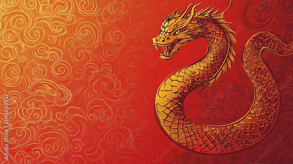 Fototapeta premium The Year of the Snake, A red dragon with gold accents is on a red background