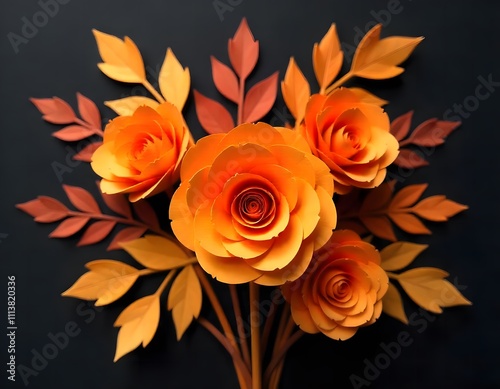 A blue and red floral display with flowers and leaves photo