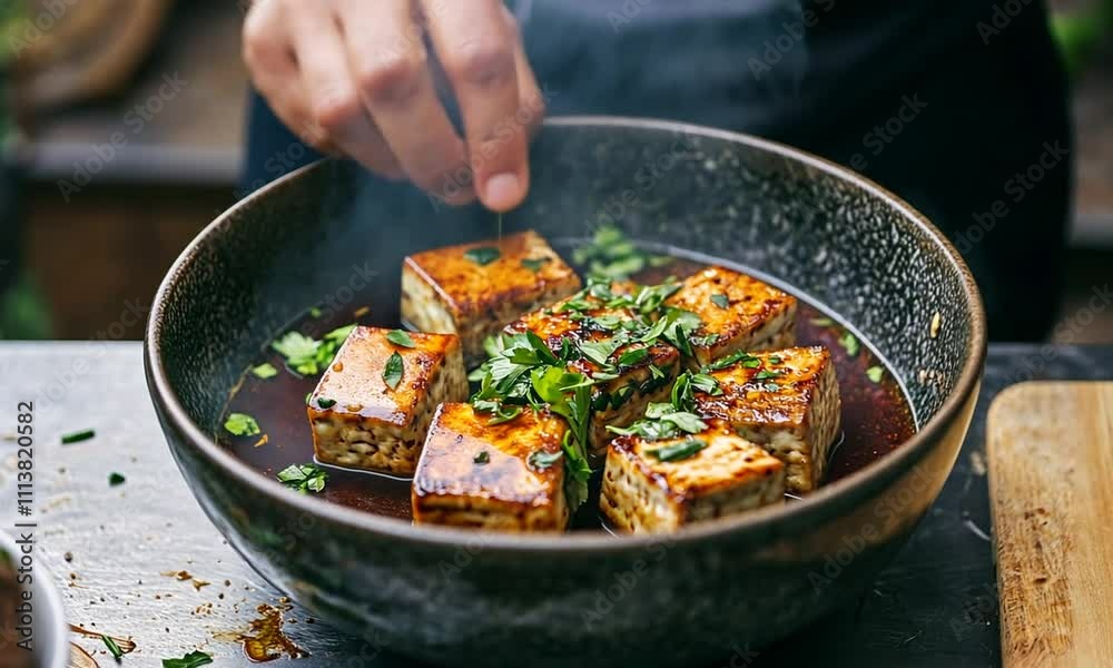 Delicious Grilled Tofu with Sauce and Fresh Herbs in Bowl Delicious Grilled Tofu with Sauce and Fresh Herbs in Bowl