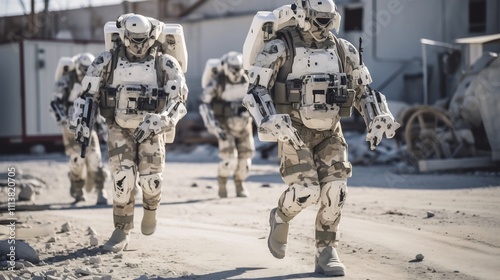 A group of soldiers are testing and training with state of the art exoskeleton suits in a futuristic military facility demonstrating enhanced strength agility