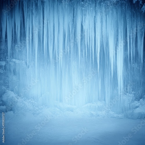 Icy landscape with numerous icicles hanging from a frozen cliff face.