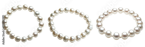 Set of pearl necklace, its smooth, luminous beads arranged in a perfect curve, isolated on white or transparent background