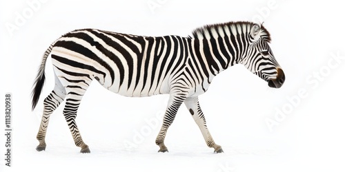 A zebra with striking black and white stripes walks gracefully against a plain white background.