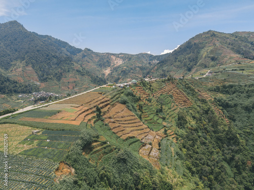 Aerial view of landscape mountain road in Dieng through Batang area, Wonosobo, Indonesia. photo