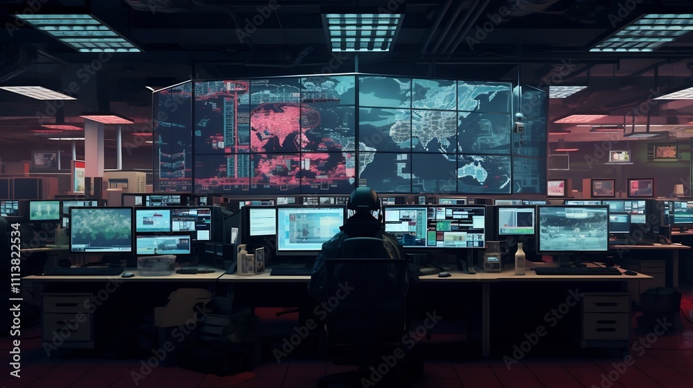 Futuristic military command center with soldiers monitoring and controlling multiple robotic assets simultaneously on high tech digital interface screens and panels