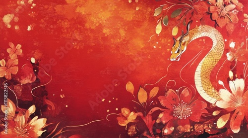 The Year of the Snake, A red background with a snake and flowers