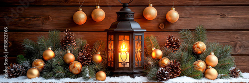 Elegant Christmas Candle Lantern and Ornament Arrangement.