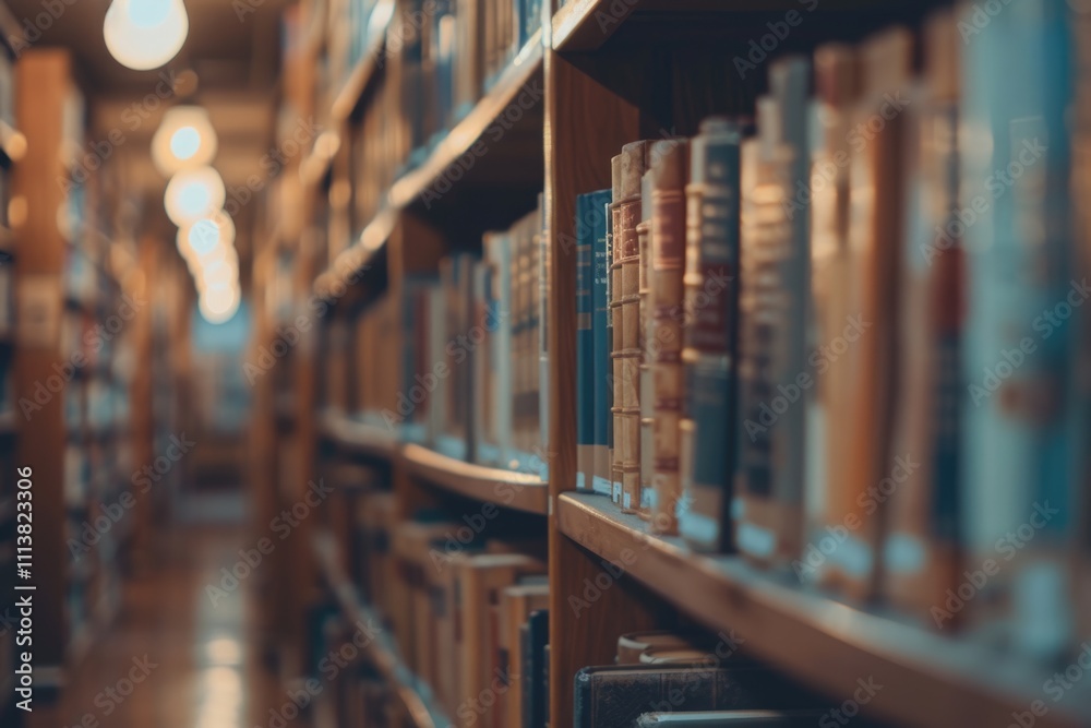 Fototapeta premium Blurry books on library bookshelf background.