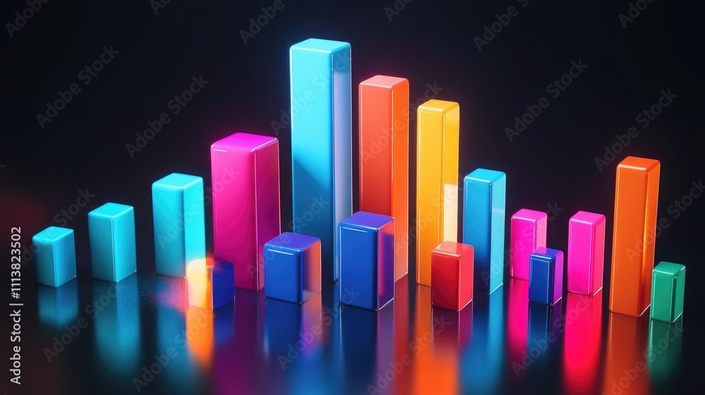 Isometric stacked bar graph in bright colors with a reflective base, representing data analysis and progress tracking Isometric stacked bar graph in bright colors with a reflective base, representing data analysis and progress tracking