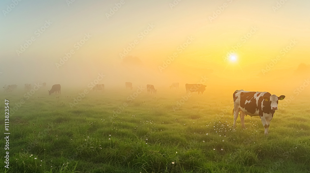 Panorama of Grazing Cows: Cows grazing in a meadow covered with dewdrops and morning fog, with a sunrise in the background. Panorama of Grazing Cows: Cows grazing in a meadow covered with dewdrops and morning fog, with a sunrise in the background.