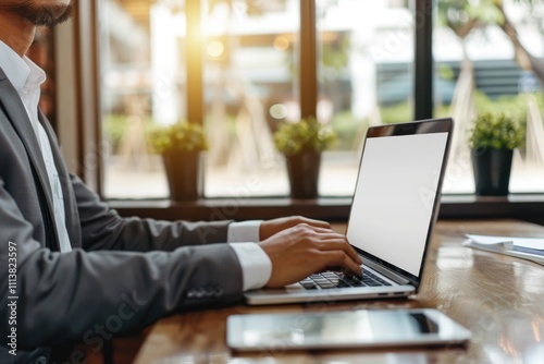 Businessmans laptop on office table with empty white screen. photo