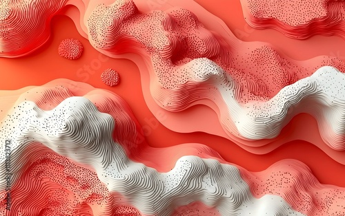 A vibrant abstract design featuring flowing undulating patterns in shades of coral and white, conveying a sense of depth and movement, perfect for modern decor or digital art. photo