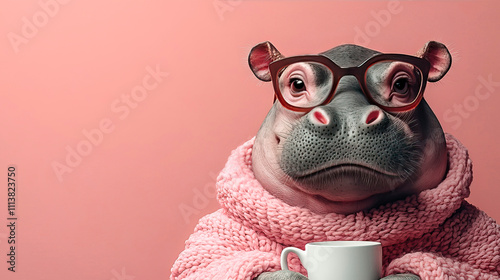 Cute hippo wearing glasses and holding a white mug of hot latte, staring directly at the camera on a pink background, World Hippo Day. photo