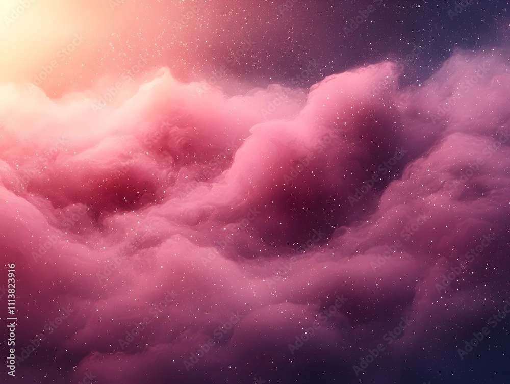 A breathtaking view of swirling pink clouds against a cosmic backdrop, filled with twinkling stars and a soft glow, evoking a sense of tranquility and wonder.
