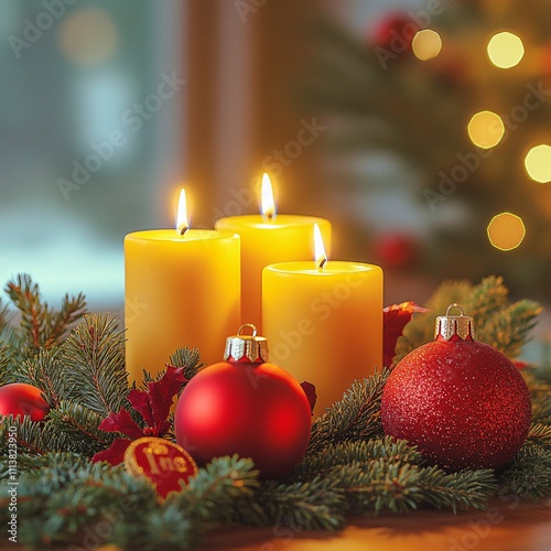 Yellow candles with red ornaments and evergreen branches in festive setting