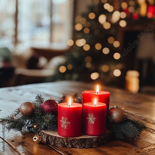 Red candles with snowflake designs, ornaments, and evergreen branches