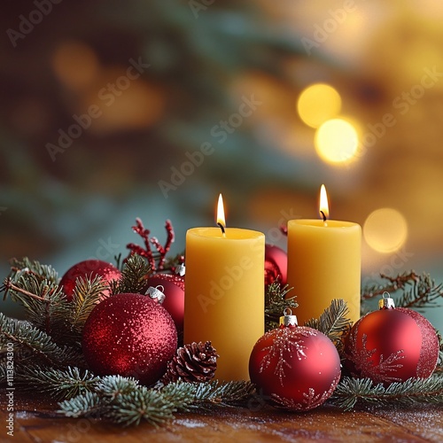 Yellow candles with red ornaments and pine branches on festive table