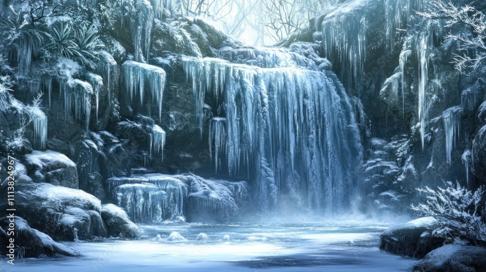 Fototapeta premium Frozen Waterfall Scene in a Winter Forest