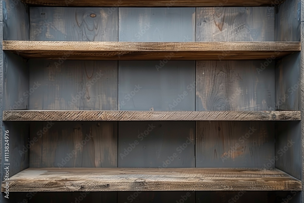Empty wooden bookshelf with gray backdrop and backlight. Copy space. Empty wooden bookshelf with gray backdrop and backlight. Copy space.