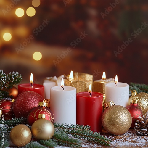 Red and white candles with gold ornaments and evergreen branches