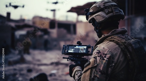 Soldier Utilizing Advanced Sensors and Technology to Guide Drone Through Challenging Urban Warfare Zones During a Military or Training Exercise