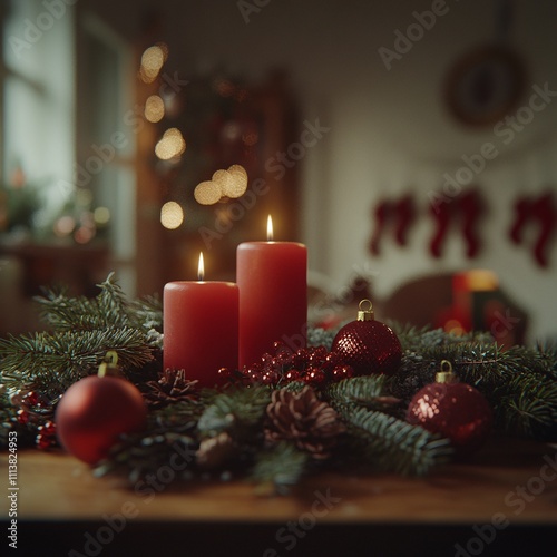 Red candles with ornaments, pinecones, and evergreen branches in cozy setting