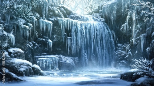Frozen Waterfall Scene in a Winter Forest