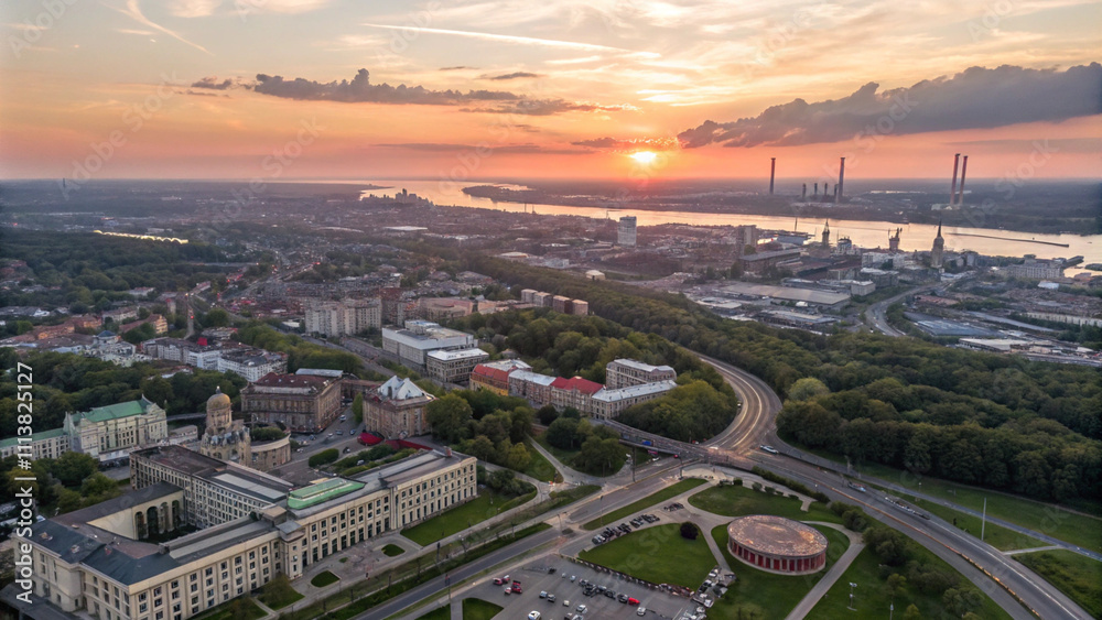 Fototapeta premium Sunset Aerial View of a Cityscape