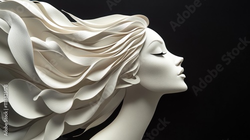 Elegant white female paper sculpture with flowing hair against a black background.