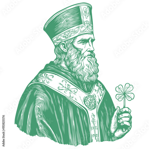 Saint Patrick holding a shamrock, engraving style, vector illustration