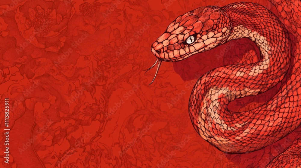 The Year of the Snake, A red snake with a black head is on a red background The Year of the Snake, A red snake with a black head is on a red background