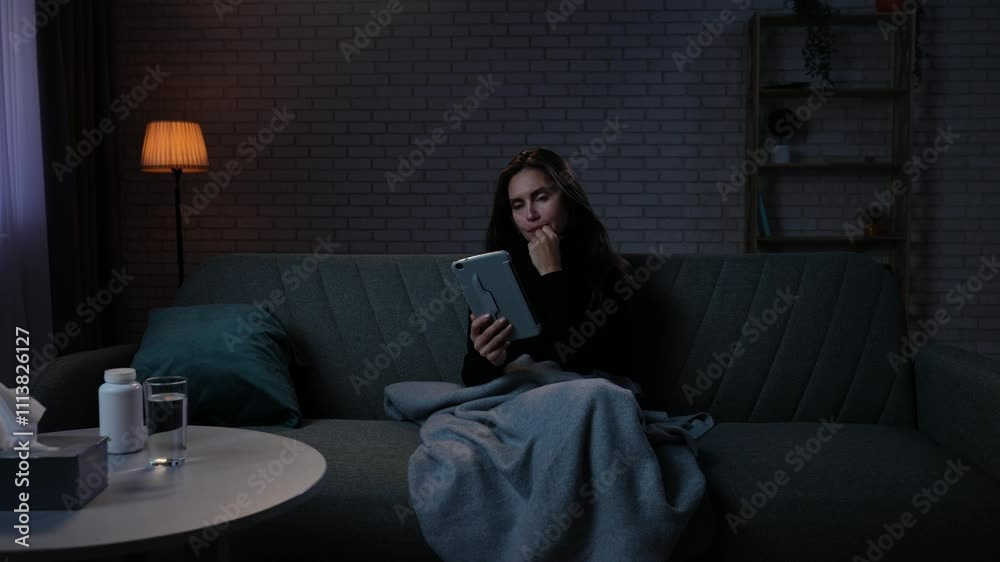 Woman suffering mental health issues, sitting on the sofa covered in blanket, depressed expression, looking at pictures on tablet, recalls memories. Woman suffering mental health issues, sitting on the sofa covered in blanket, depressed expression, looking at pictures on tablet, recalls memories.