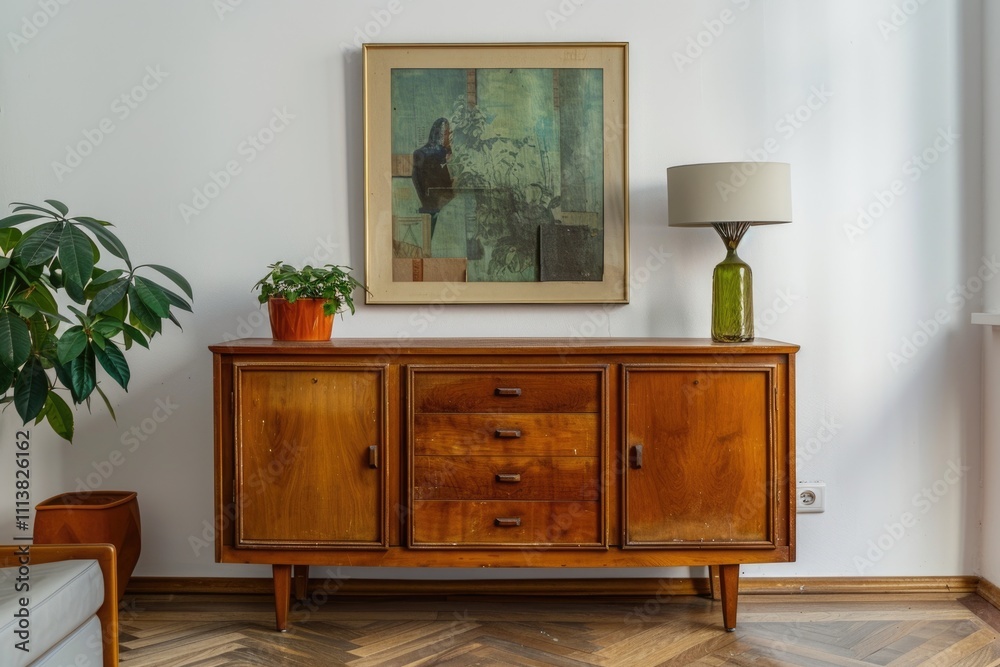 Empty living room with retro cabinet painting and sofa space. Empty living room with retro cabinet painting and sofa space.