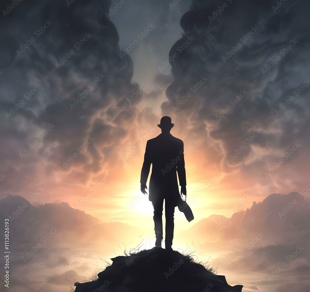 Illustration of man in suit silhouette with dramtaic background.