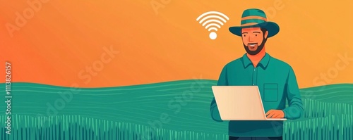 Smart Farming Farmer Using Laptop in Field with Wifi Connection