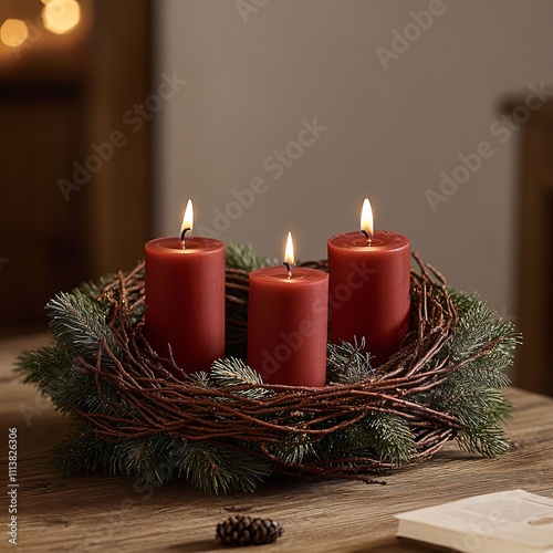 Red candles in a rustic twig wreath with evergreen accents