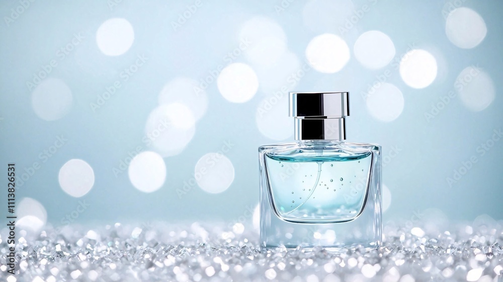 Elegant Perfume Bottle on Sparkling Crystals.