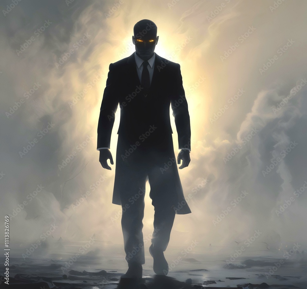Illustration of man in suit silhouette with dramtaic background. Illustration of man in suit silhouette with dramtaic background.