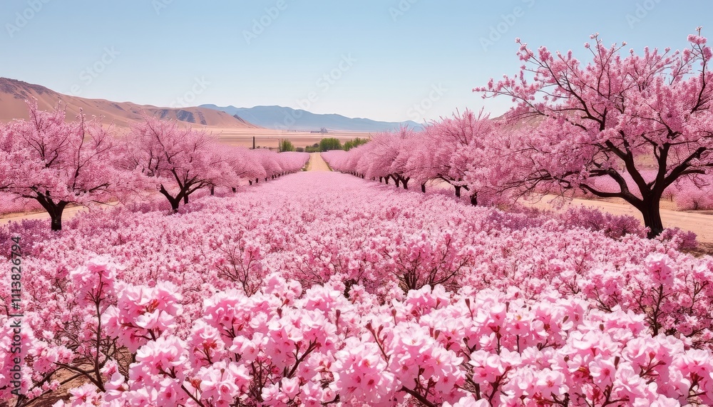 A breathtaking vista of a vast orchard filled with blossoming pink flowers, stretching towards a distant mountain range under a vibrant blue sky. A picturesque scene of spring flora. A breathtaking vista of a vast orchard filled with blossoming pink flowers, stretching towards a distant mountain range under a vibrant blue sky. A picturesque scene of spring flora.