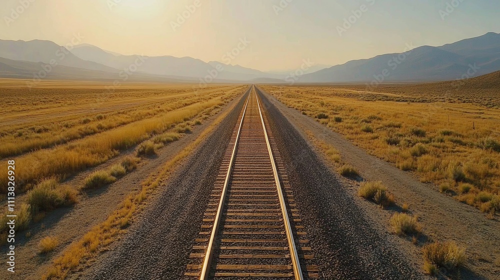Naklejka premium Overhead view of parallel railway tracks with gravel between them, stretching straight across a sunlit, open landscape