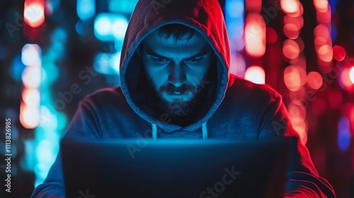 A hooded man works intently on a laptop in a dimly lit room.