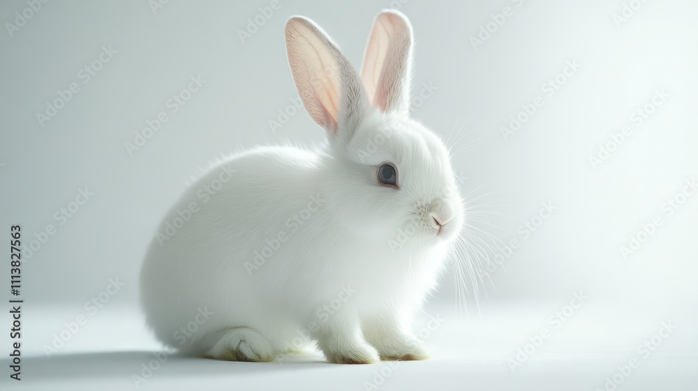 A fluffy white bunny with long ears sitting in a meadow, nibbling on some grass. The sunlight creates a peaceful A fluffy white bunny with long ears sitting in a meadow, nibbling on some grass. The sunlight creates a peaceful