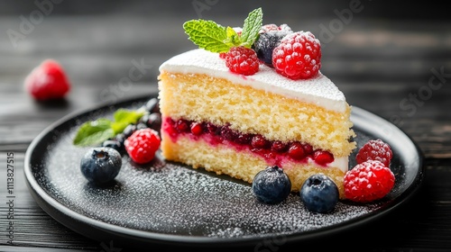 Piece of tasty sponge cake with fresh berries and mint served on black wooden table