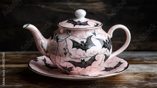 Pink teapot with bat design and saucer on wooden surface. photo