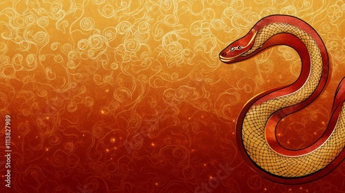 The Year of the Snake, A snake is shown on a red background with gold and orange patterns