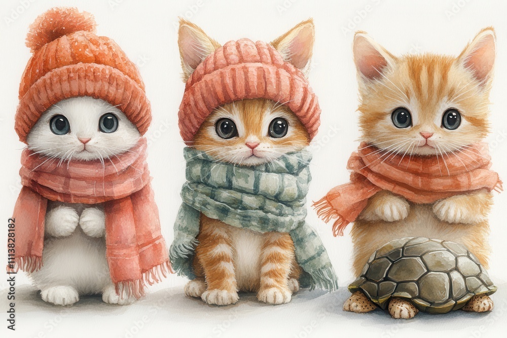 Fototapeta premium Three adorable kittens in winter scarves and hats, with one holding a turtle.