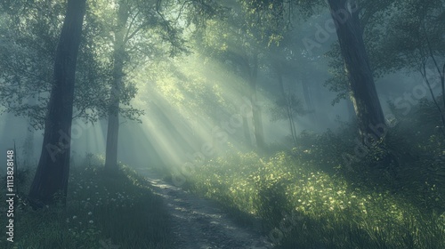 mist clings to the towering trees and the path is barely visible. Soft rays of sunlight break through the fog