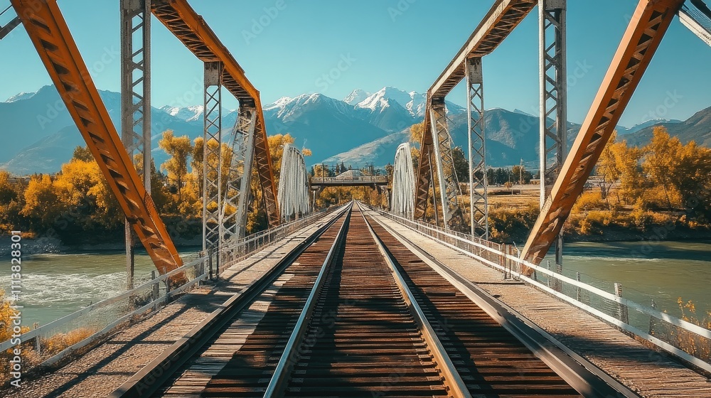 Railway tracks passing over a steel bridge, with a river flowing below and mountains in the distance under a clear sky Railway tracks passing over a steel bridge, with a river flowing below and mountains in the distance under a clear sky