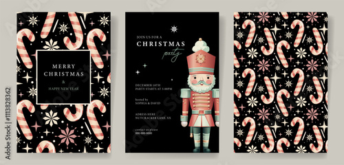 Set of Christmas Corporate Holiday cards with Nutcracker and candy cane pattern ornate frames, background and copy space. Universal artistic templates, vector illustration